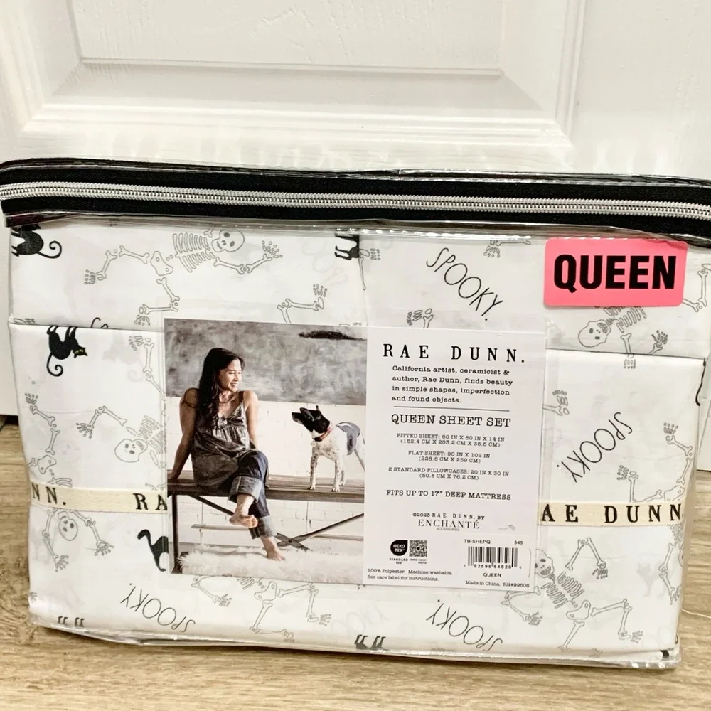 Rae Dunn Spooky Skeletons Black Cat Sheet Set - QUEEN - NEW